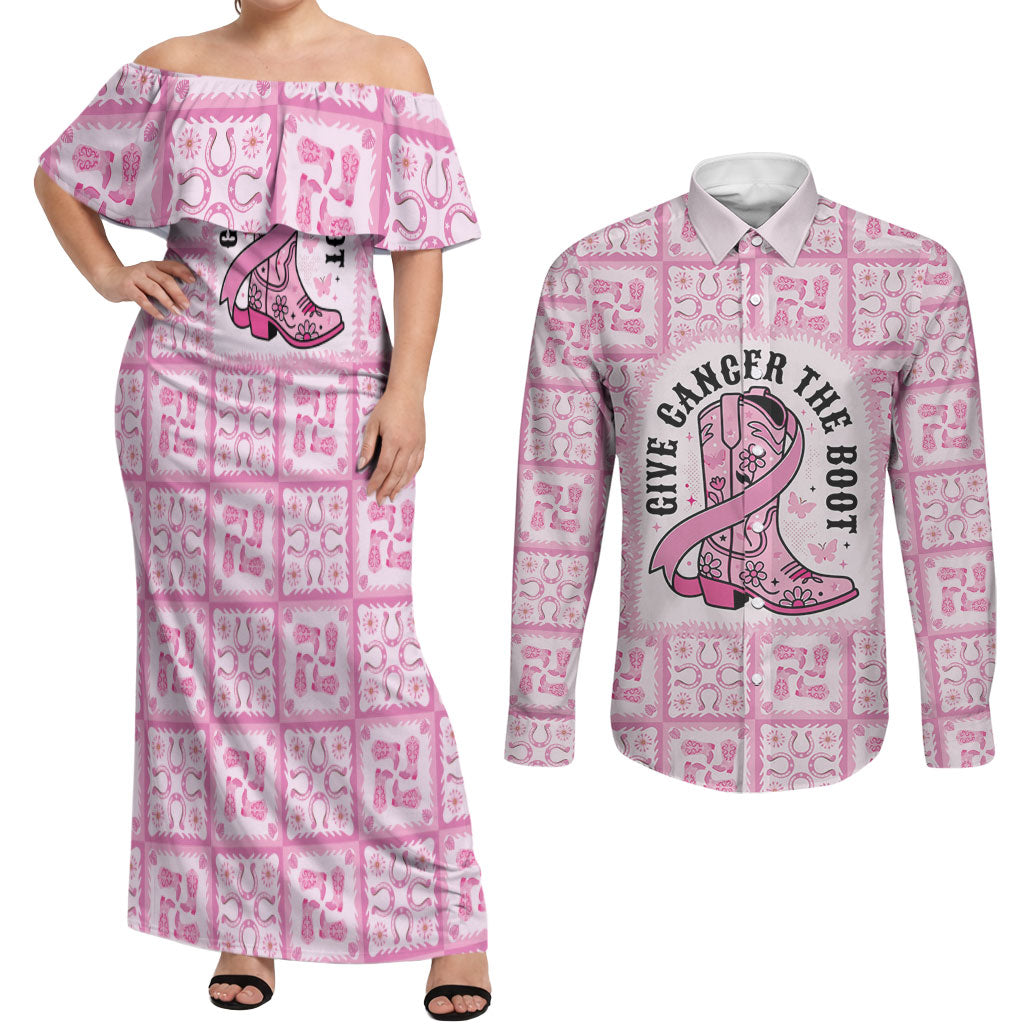 Give Cancer The Boot Pink Cowgirl Couples Matching Off Shoulder Maxi Dress and Long Sleeve Button Shirt Hawaiian Paniolo Mixed Quilt Pattern Style LT9 Pink - Polynesian Pride