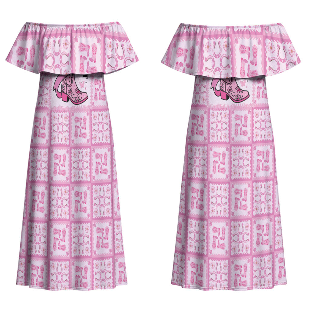 Give Cancer The Boot Pink Cowgirl Couples Matching Off Shoulder Maxi Dress and Long Sleeve Button Shirt Hawaiian Paniolo Mixed Quilt Pattern Style LT9 - Polynesian Pride