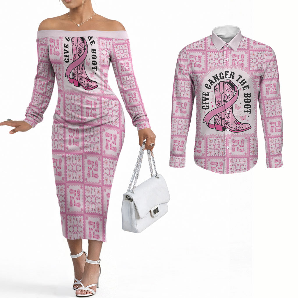 Give Cancer The Boot Pink Cowgirl Couples Matching Off The Shoulder Long Sleeve Dress and Long Sleeve Button Shirt Hawaiian Paniolo Mixed Quilt Pattern Style LT9 Pink - Polynesian Pride