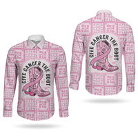 Give Cancer The Boot Pink Cowgirl Couples Matching Off The Shoulder Long Sleeve Dress and Long Sleeve Button Shirt Hawaiian Paniolo Mixed Quilt Pattern Style LT9 - Polynesian Pride