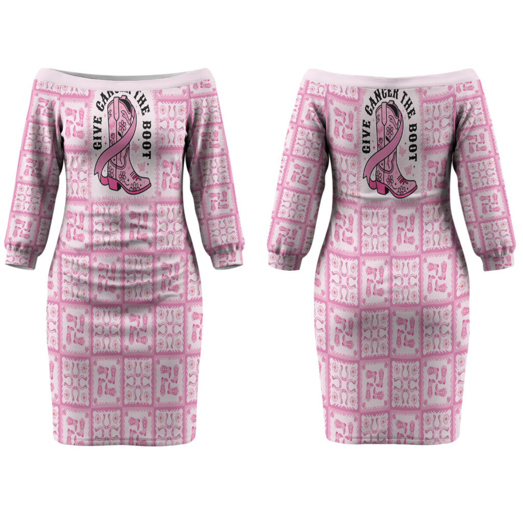 Give Cancer The Boot Pink Cowgirl Couples Matching Off The Shoulder Long Sleeve Dress and Long Sleeve Button Shirt Hawaiian Paniolo Mixed Quilt Pattern Style LT9 - Polynesian Pride