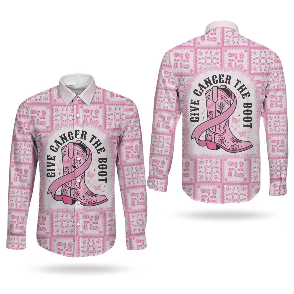 Give Cancer The Boot Pink Cowgirl Couples Matching Short Sleeve Bodycon Dress and Long Sleeve Button Shirt Hawaiian Paniolo Mixed Quilt Pattern Style LT9 - Polynesian Pride