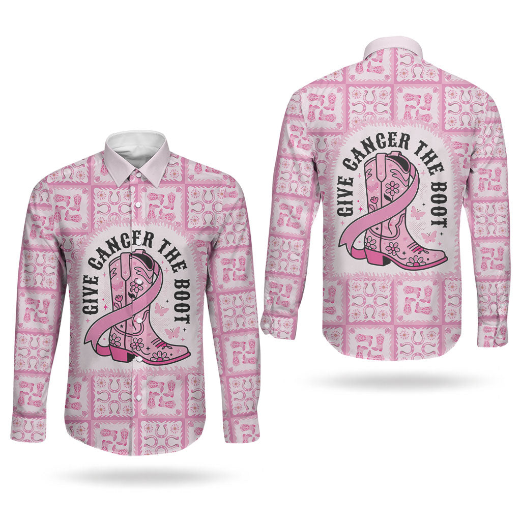 Give Cancer The Boot Pink Cowgirl Couples Matching Tank Maxi Dress and Long Sleeve Button Shirt Hawaiian Paniolo Mixed Quilt Pattern Style LT9 - Polynesian Pride