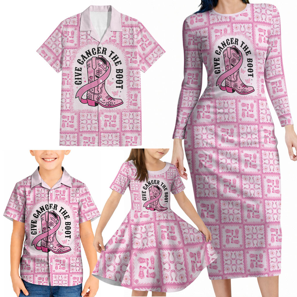 Give Cancer The Boot Pink Cowgirl Family Matching Long Sleeve Bodycon Dress and Hawaiian Shirt Hawaiian Paniolo Mixed Quilt Pattern Style LT9 - Polynesian Pride