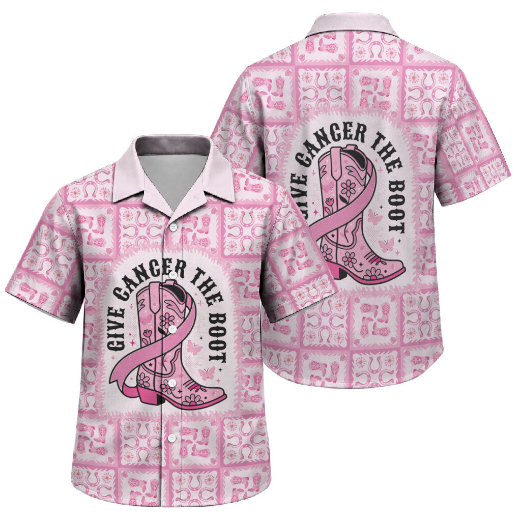 Give Cancer The Boot Pink Cowgirl Family Matching Long Sleeve Bodycon Dress and Hawaiian Shirt Hawaiian Paniolo Mixed Quilt Pattern Style LT9 Son's Shirt Pink - Polynesian Pride