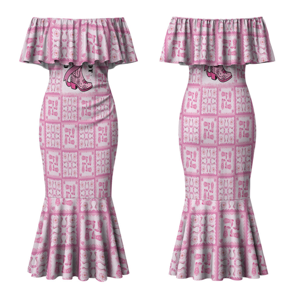 Give Cancer The Boot Pink Cowgirl Family Matching Mermaid Dress and Hawaiian Shirt Hawaiian Paniolo Mixed Quilt Pattern Style LT9 Mom's Dress Pink - Polynesian Pride