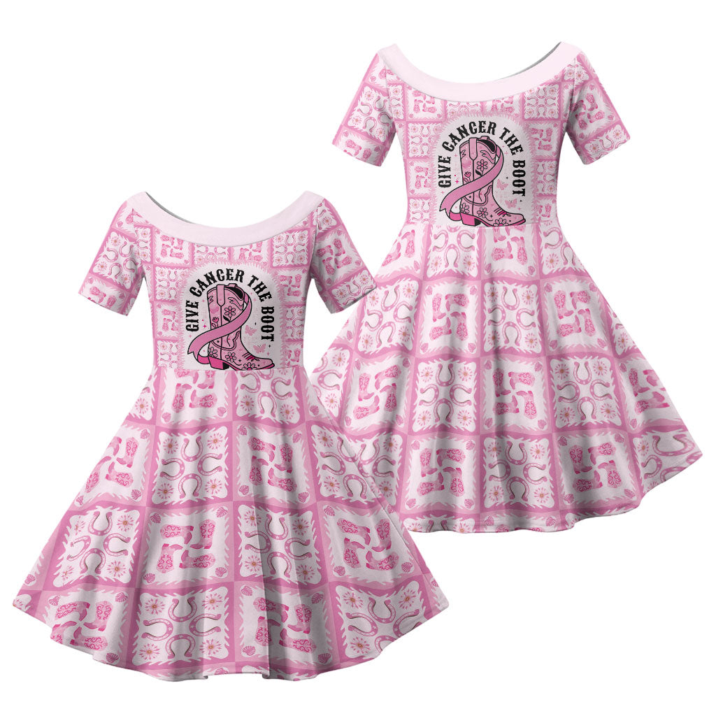Give Cancer The Boot Pink Cowgirl Family Matching Mermaid Dress and Hawaiian Shirt Hawaiian Paniolo Mixed Quilt Pattern Style LT9 Daughter's Dress Pink - Polynesian Pride