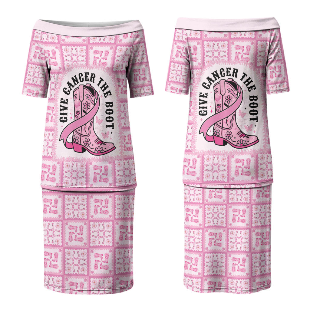 Give Cancer The Boot Pink Cowgirl Family Matching Puletasi and Hawaiian Shirt Hawaiian Paniolo Mixed Quilt Pattern Style LT9 Mom's Dress Pink - Polynesian Pride