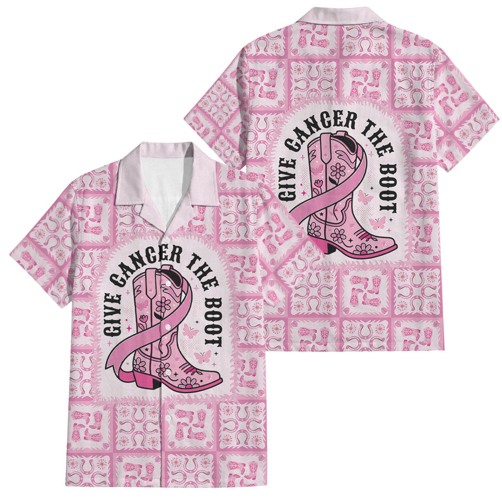 Give Cancer The Boot Pink Cowgirl Family Matching Puletasi and Hawaiian Shirt Hawaiian Paniolo Mixed Quilt Pattern Style LT9 Dad's Shirt - Short Sleeve Pink - Polynesian Pride