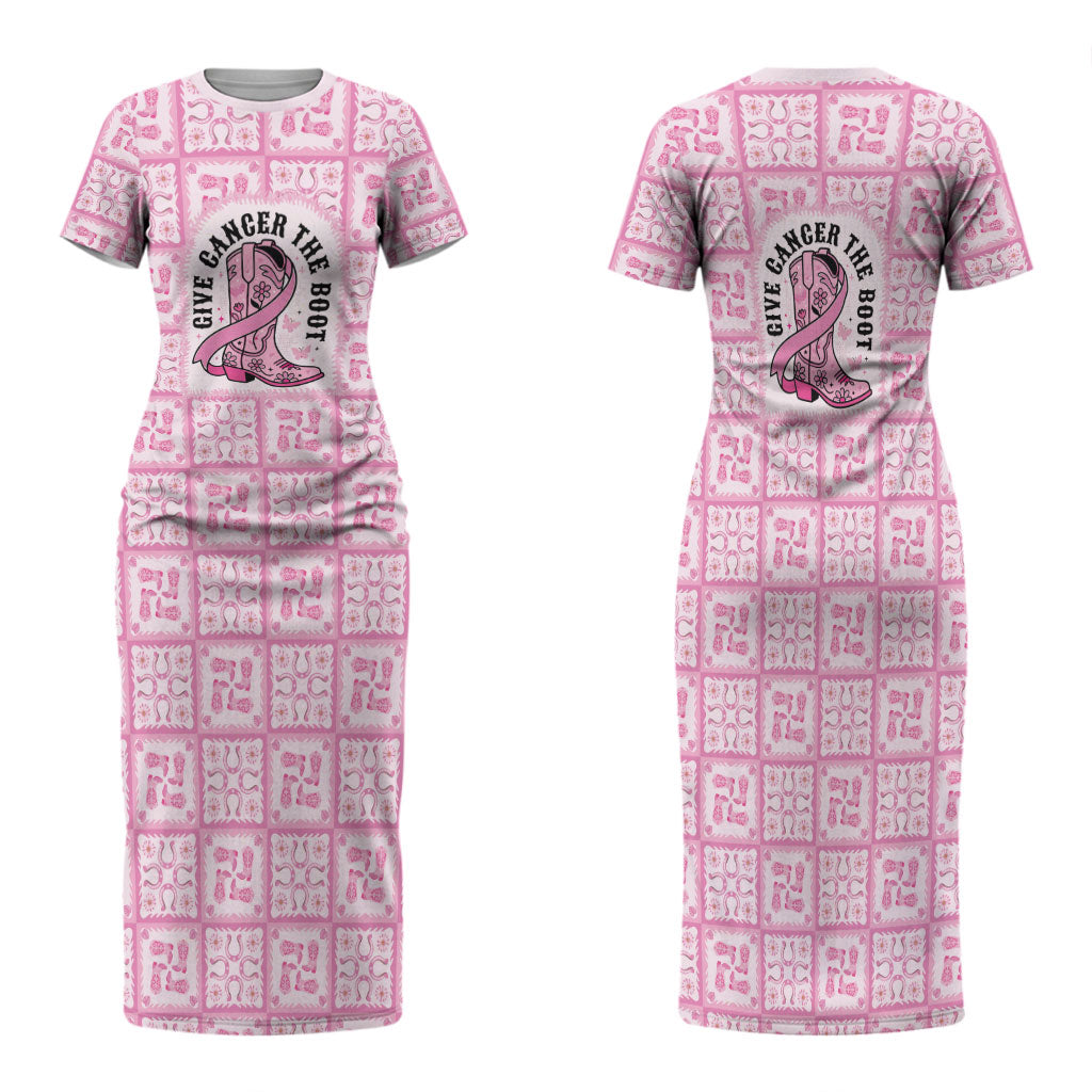 Give Cancer The Boot Pink Cowgirl Family Matching Short Sleeve Bodycon Dress and Hawaiian Shirt Hawaiian Paniolo Mixed Quilt Pattern Style LT9 Mom's Dress Pink - Polynesian Pride