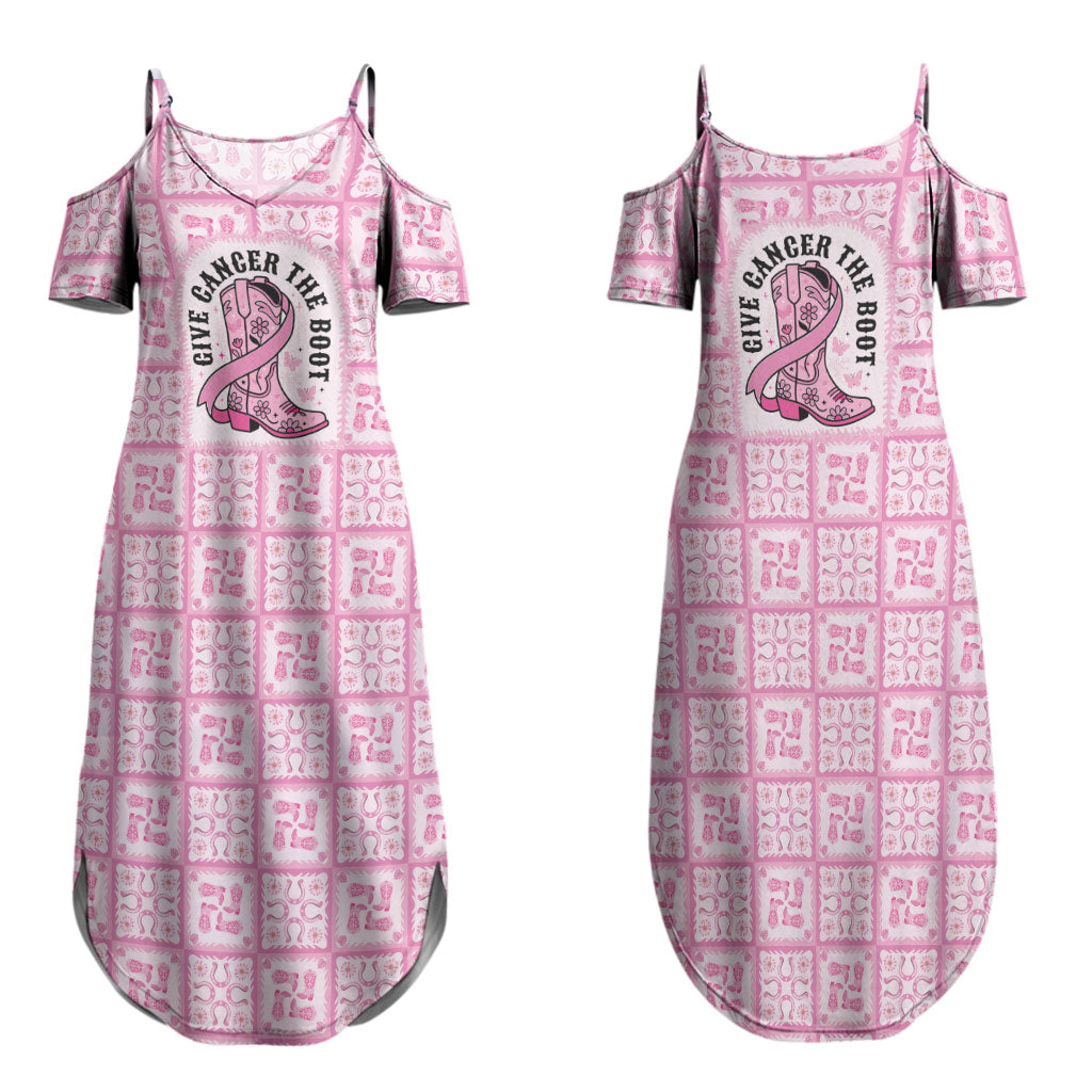 Give Cancer The Boot Pink Cowgirl Family Matching Summer Maxi Dress and Hawaiian Shirt Hawaiian Paniolo Mixed Quilt Pattern Style LT9 Mom's Dress Pink - Polynesian Pride