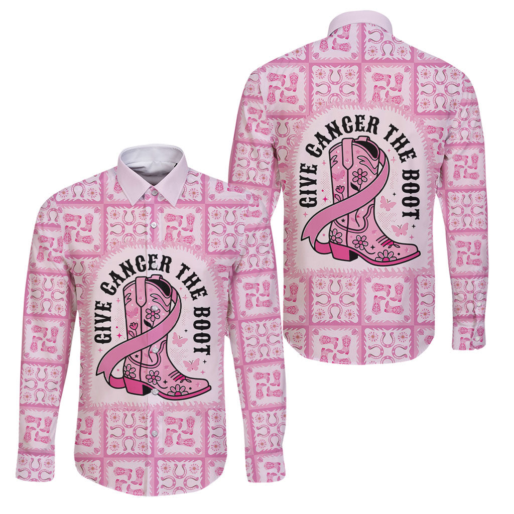 Give Cancer The Boot Pink Cowgirl Family Matching Tank Maxi Dress and Hawaiian Shirt Hawaiian Paniolo Mixed Quilt Pattern Style LT9 Dad's Shirt - Long Sleeve Pink - Polynesian Pride