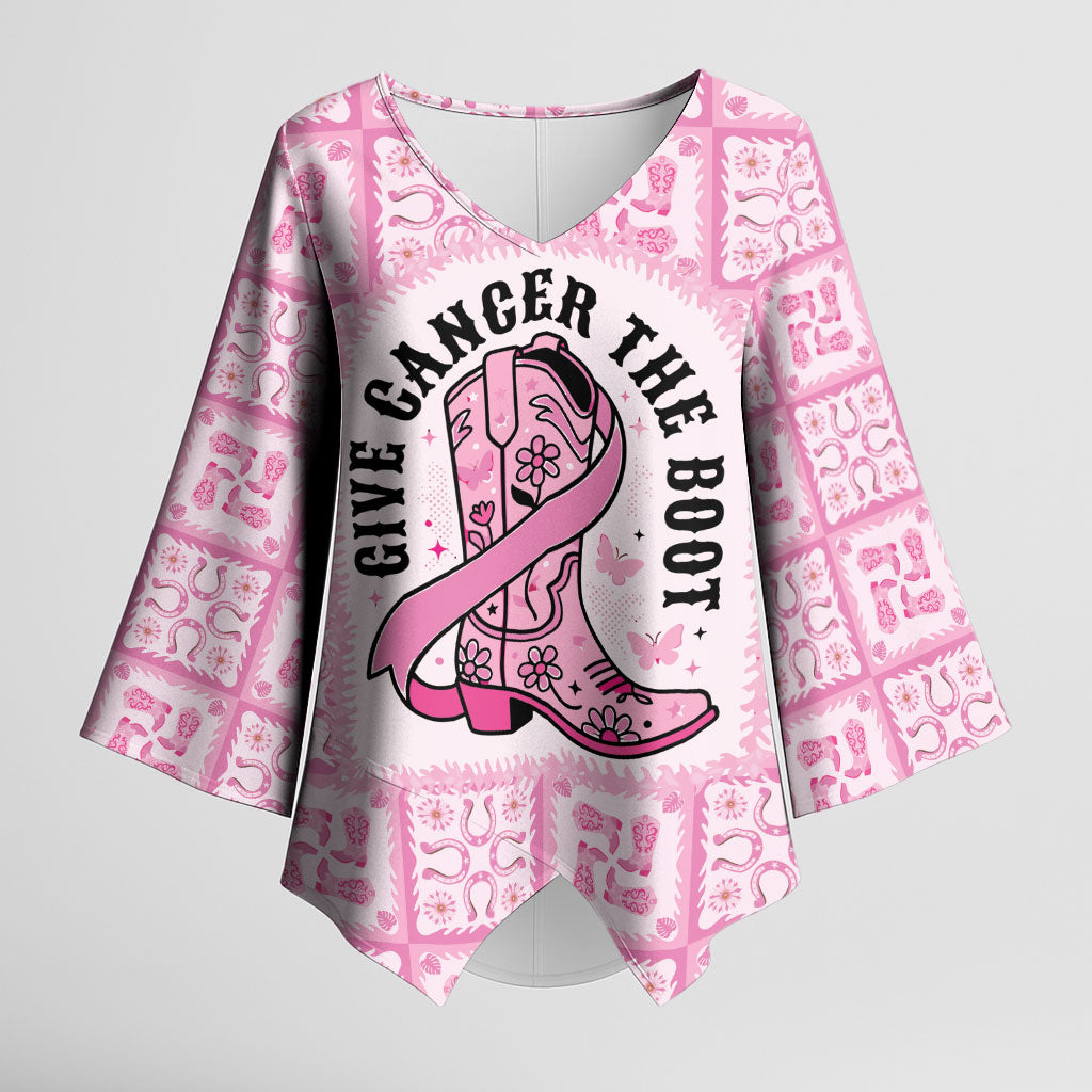 Give Cancer The Boot Pink Cowgirl Kimono Sleeve Blouse Hawaiian Paniolo Mixed Quilt Pattern Style LT9 Female Pink - Polynesian Pride