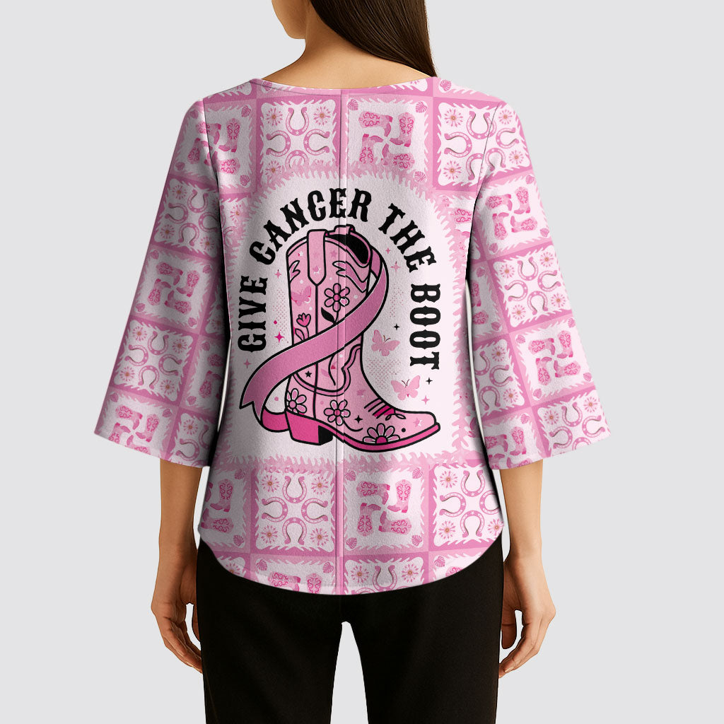 Give Cancer The Boot Pink Cowgirl Kimono Sleeve Blouse Hawaiian Paniolo Mixed Quilt Pattern Style LT9 - Polynesian Pride