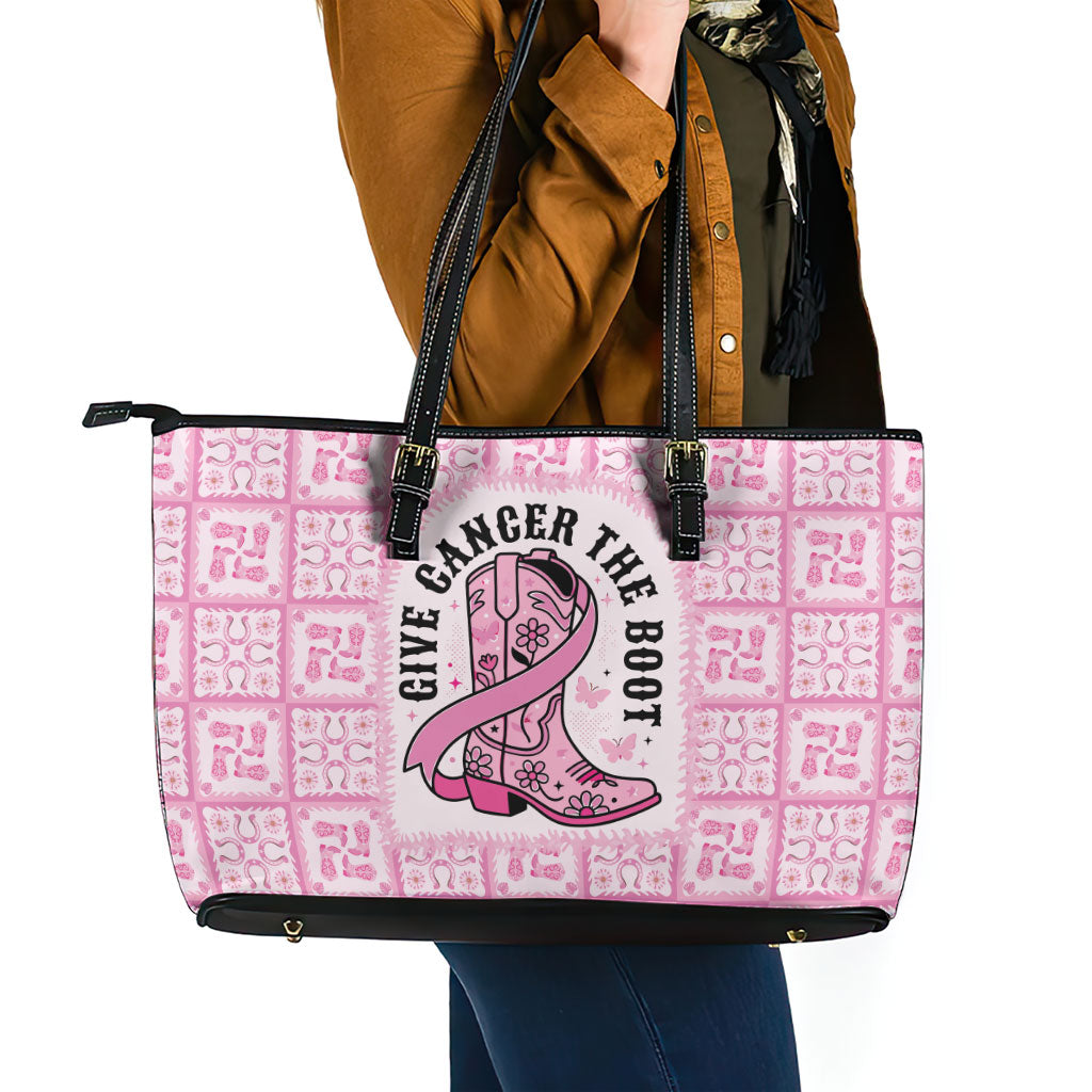 Give Cancer The Boot Pink Cowgirl Leather Tote Bag Hawaiian Paniolo Mixed Quilt Pattern Style LT9 - Polynesian Pride