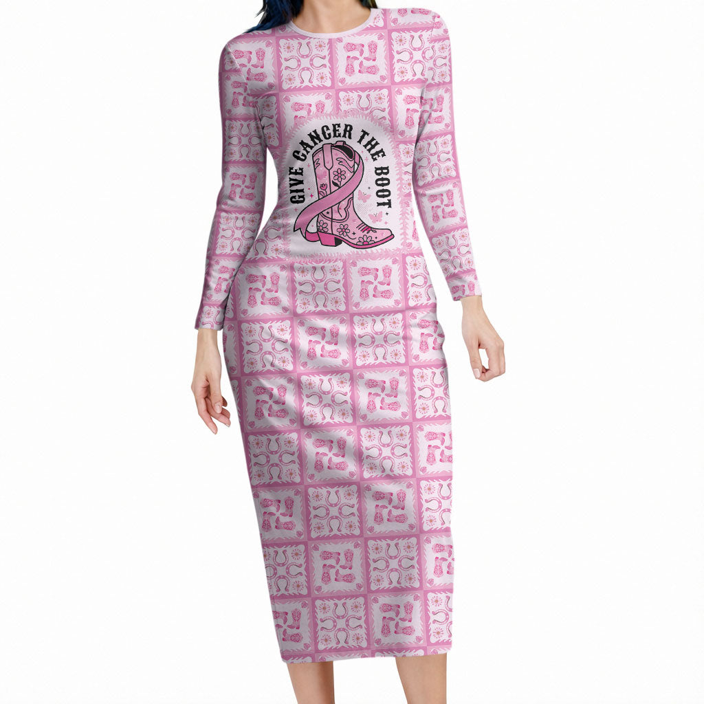 Give Cancer The Boot Pink Cowgirl Long Sleeve Bodycon Dress Hawaiian Paniolo Mixed Quilt Pattern Style LT9 Long Dress Pink - Polynesian Pride