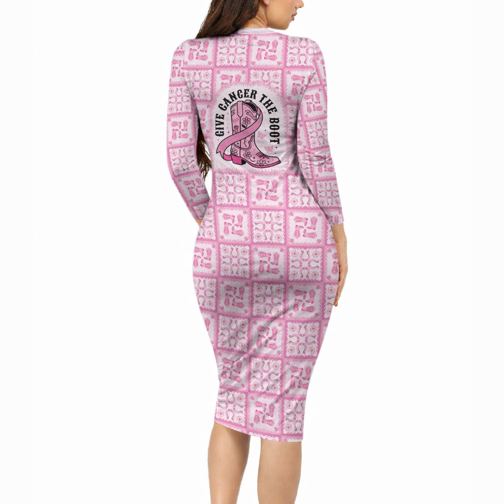 Give Cancer The Boot Pink Cowgirl Long Sleeve Bodycon Dress Hawaiian Paniolo Mixed Quilt Pattern Style LT9 - Polynesian Pride