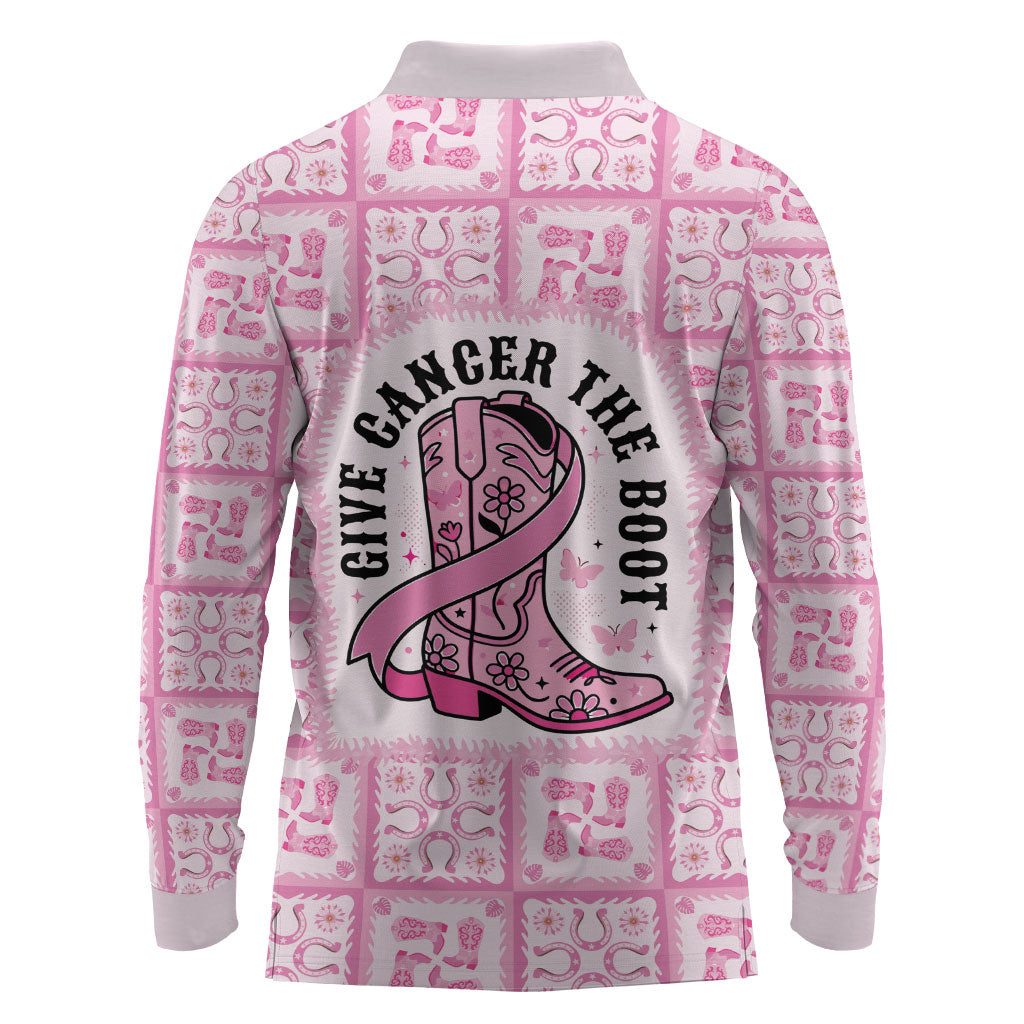 Give Cancer The Boot Pink Cowgirl Long Sleeve Polo Shirt Hawaiian Paniolo Mixed Quilt Pattern Style LT9 - Polynesian Pride