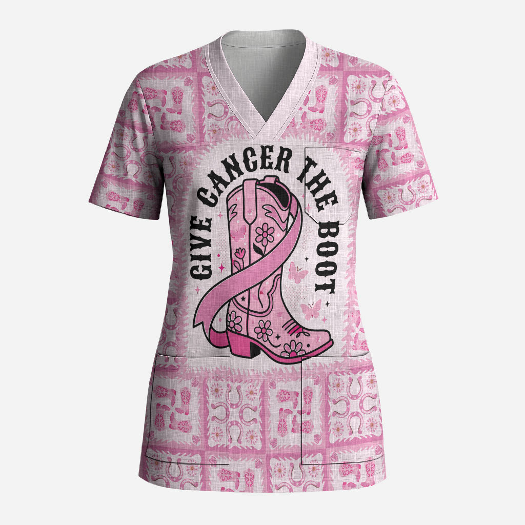 Give Cancer The Boot Pink Cowgirl Scrub Top Hawaiian Paniolo Mixed Quilt Pattern Style LT9 Adult Pink - Polynesian Pride