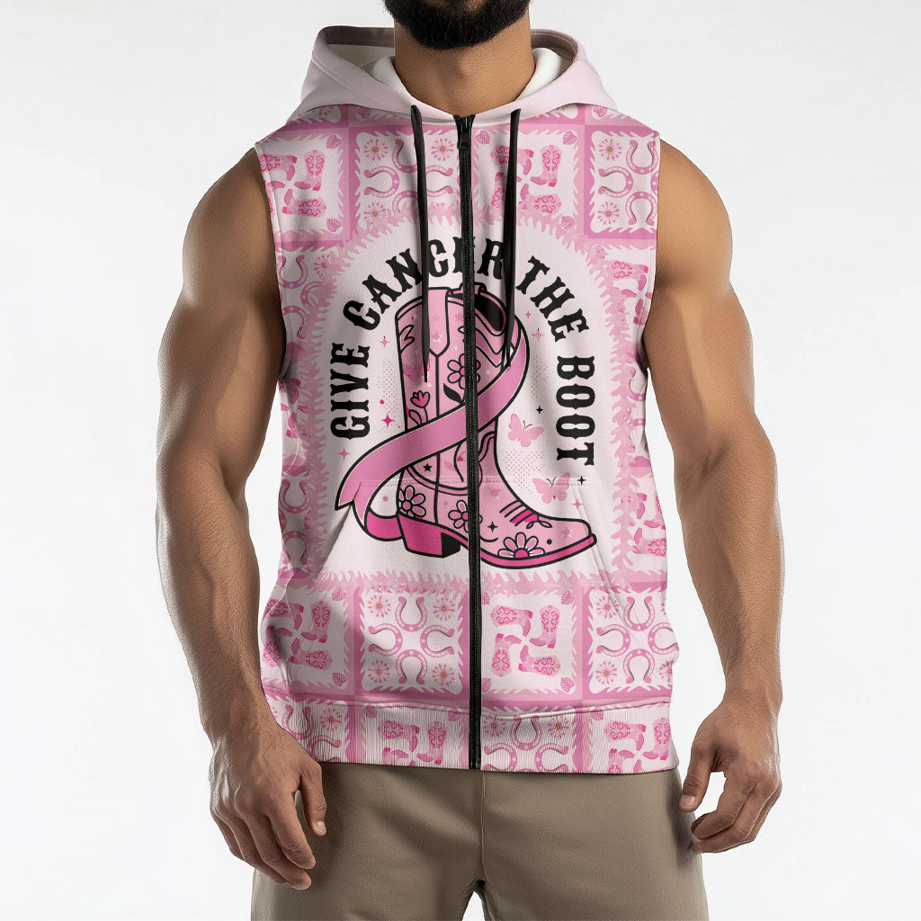 Give Cancer The Boot Pink Cowgirl Sleeveless Zip Hoodie Hawaiian Paniolo Mixed Quilt Pattern Style LT9 - Polynesian Pride