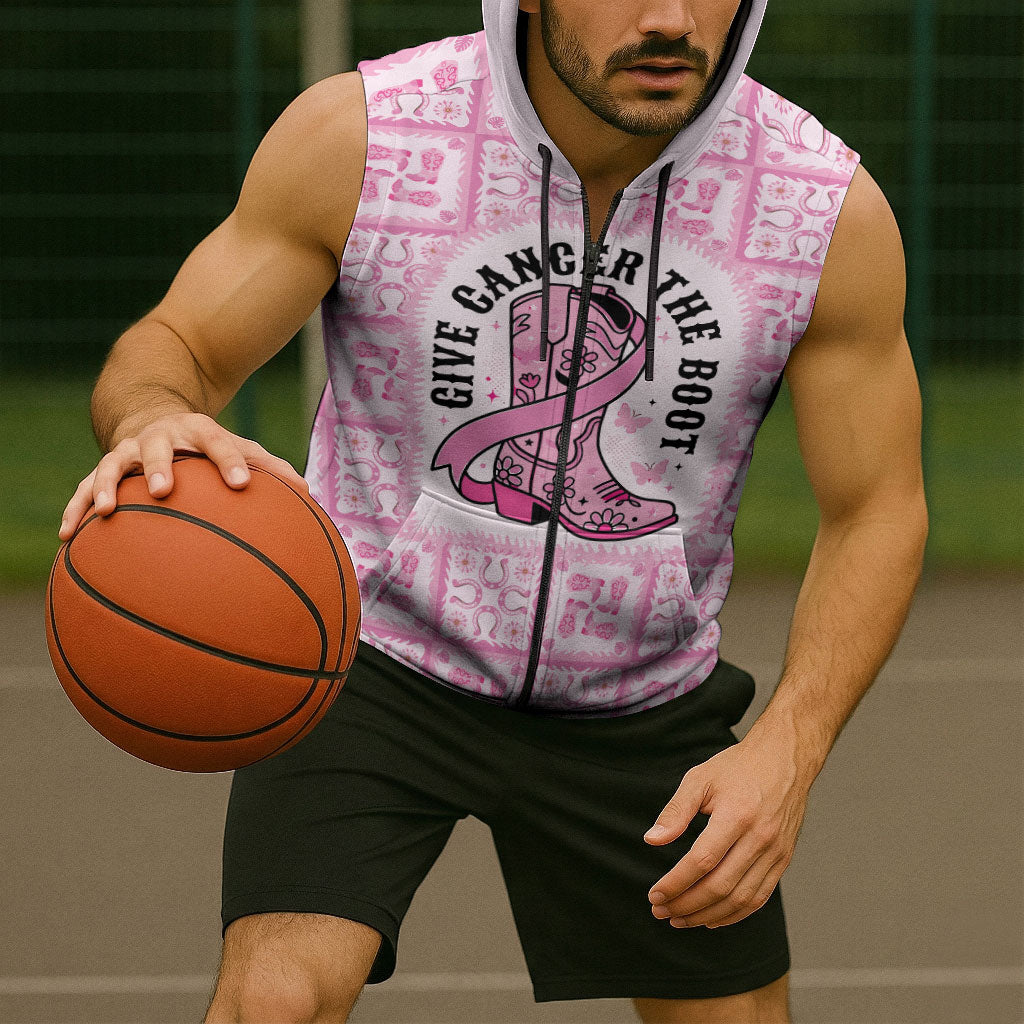Give Cancer The Boot Pink Cowgirl Sleeveless Zip Hoodie Hawaiian Paniolo Mixed Quilt Pattern Style LT9 - Polynesian Pride