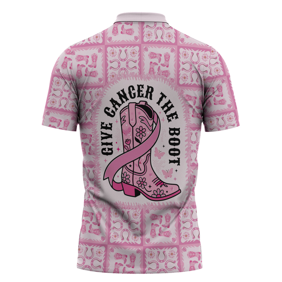 Give Cancer The Boot Pink Cowgirl Zipper Polo Shirt Hawaiian Paniolo Mixed Quilt Pattern Style LT9 - Polynesian Pride