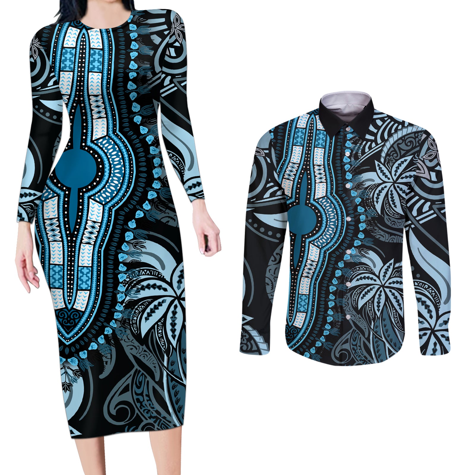 polynesia-dashiki-couples-matching-long-sleeve-bodycon-dress-and-long-sleeve-button-shirts-polynesia-and-africa-traditional-special-together-blue