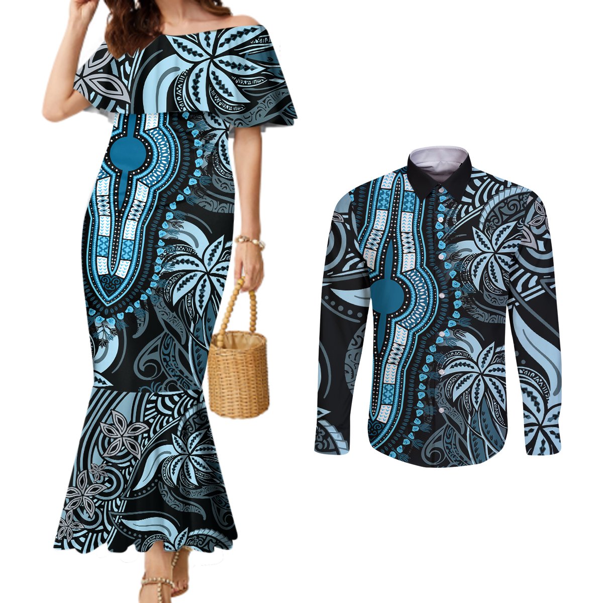 polynesia-dashiki-couples-matching-mermaid-dress-and-long-sleeve-button-shirts-polynesia-and-africa-traditional-special-together-blue