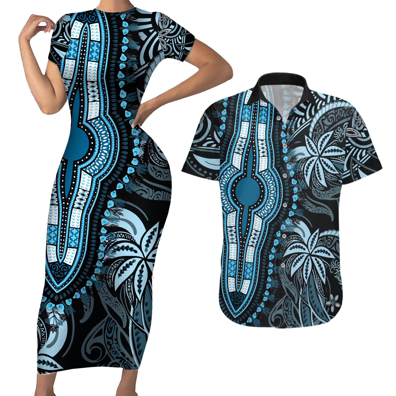 polynesia-dashiki-couples-matching-short-sleeve-bodycon-dress-and-hawaiian-shirt-polynesia-and-africa-traditional-special-together-blue