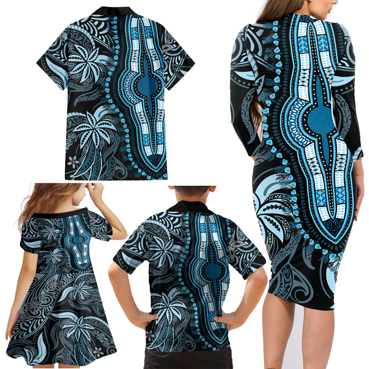 polynesia-dashiki-family-matching-long-sleeve-bodycon-dress-and-hawaiian-shirt-polynesia-and-africa-traditional-special-together-blue