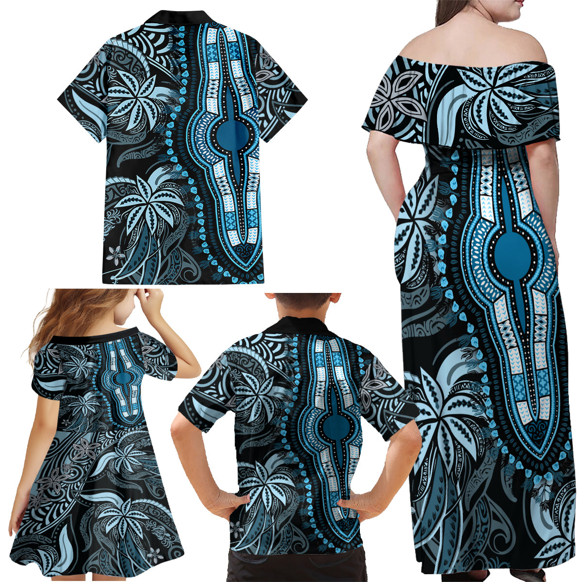 polynesia-dashiki-family-matching-off-shoulder-maxi-dress-and-hawaiian-shirt-polynesia-and-africa-traditional-special-together-blue