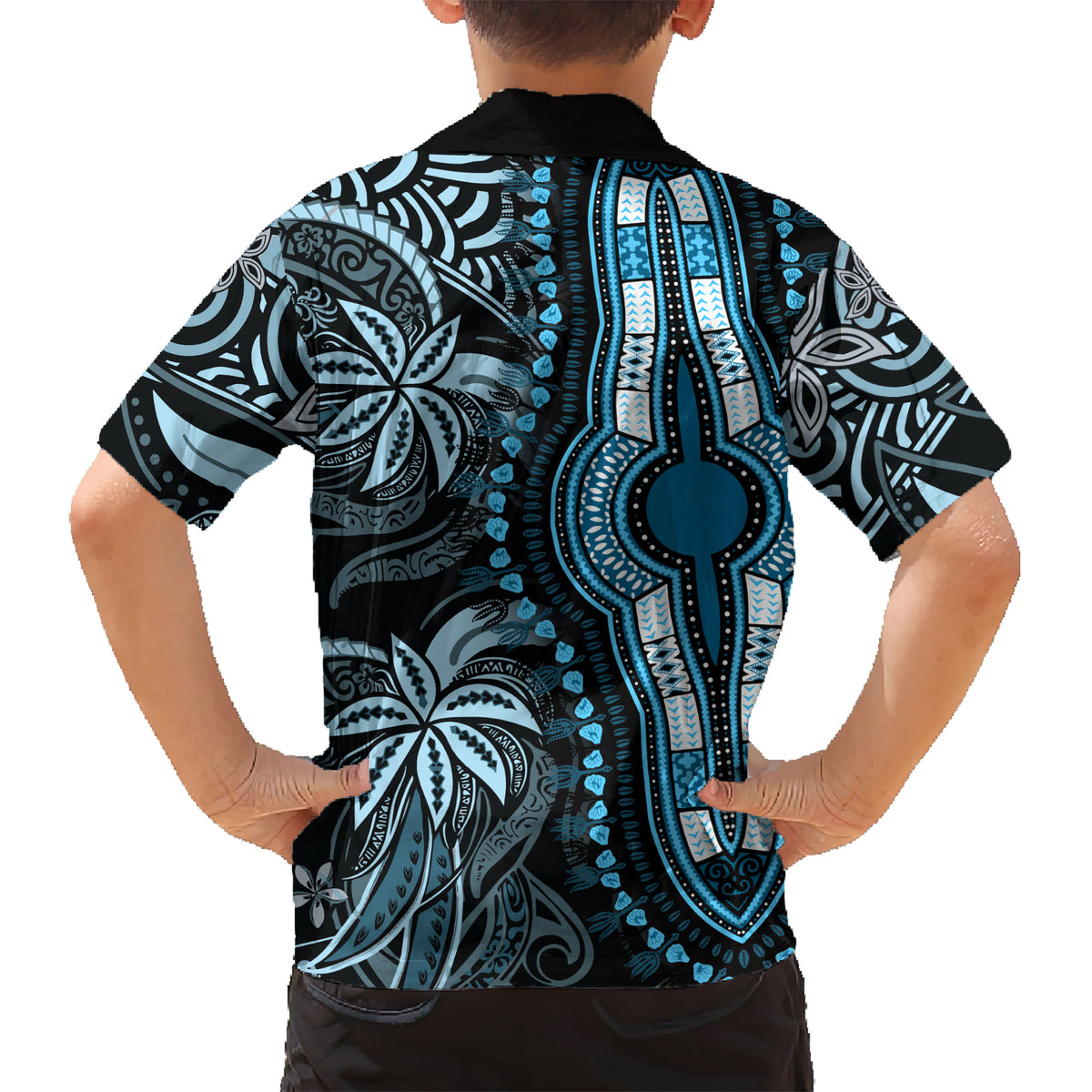 polynesia-dashiki-family-matching-short-sleeve-bodycon-dress-and-hawaiian-shirt-polynesia-and-africa-traditional-special-together-blue