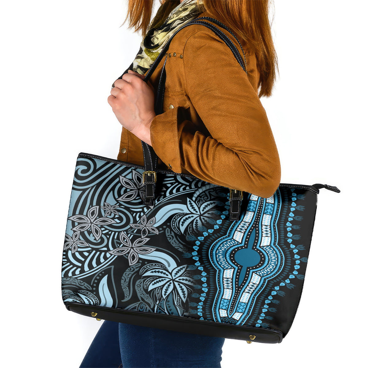 Polynesia Dashiki Leather Tote Bag Polynesia and Africa Traditional Special Together Blue LT9 Blue - Polynesian Pride