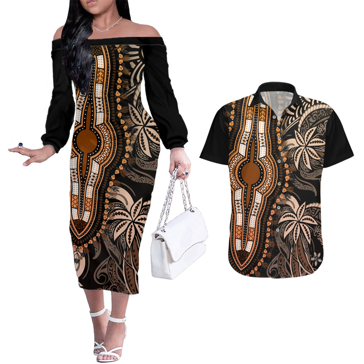 polynesia-dashiki-couples-matching-off-the-shoulder-long-sleeve-dress-and-hawaiian-shirt-polynesia-and-africa-traditional-special-together-gold