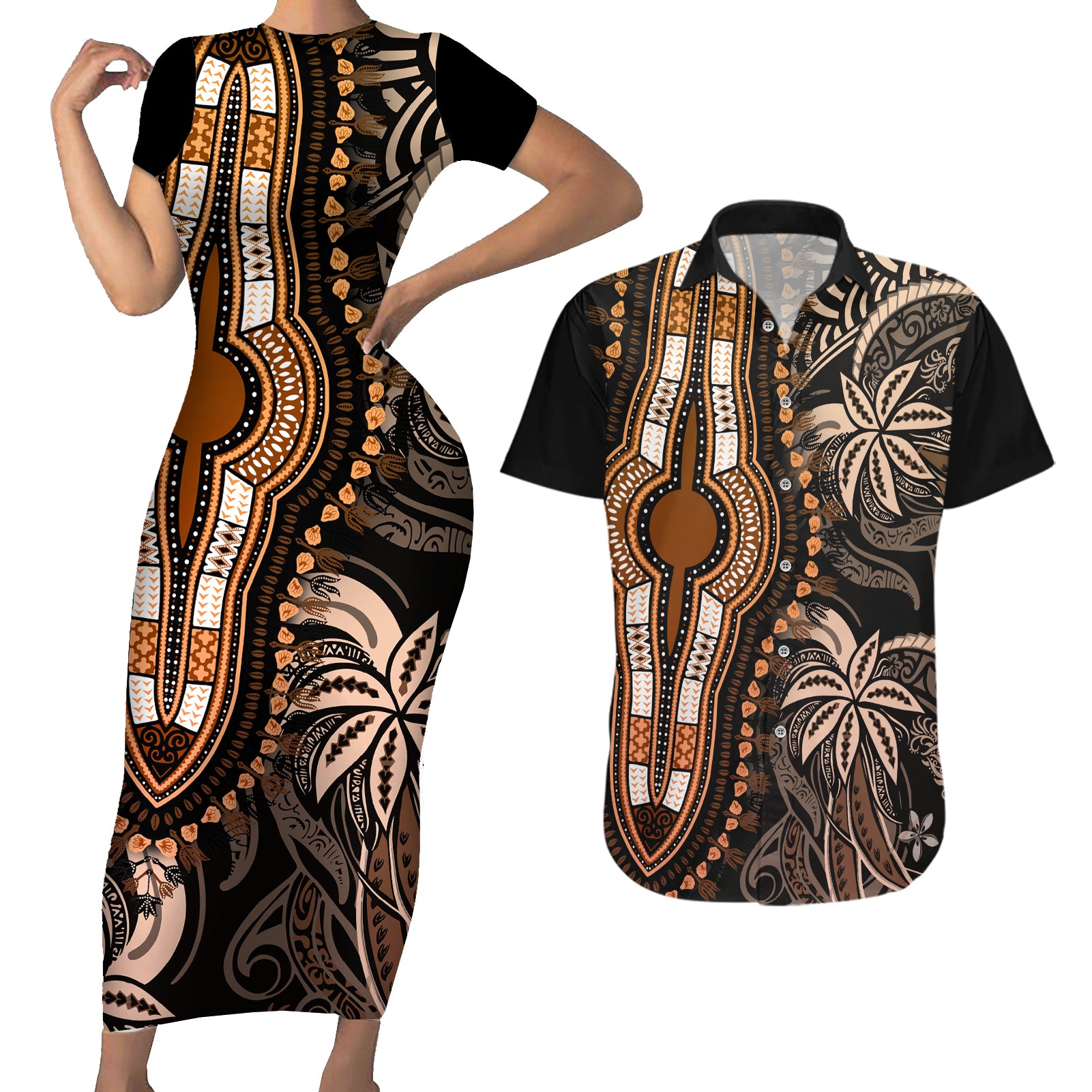 polynesia-dashiki-couples-matching-short-sleeve-bodycon-dress-and-hawaiian-shirt-polynesia-and-africa-traditional-special-together-gold