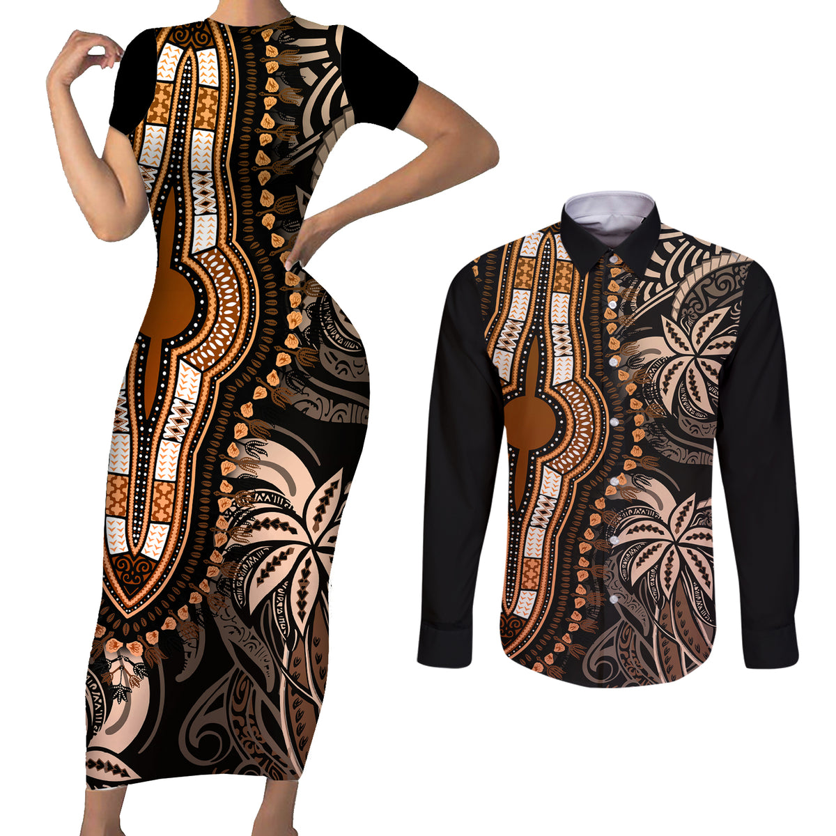 Polynesia Dashiki Couples Matching Short Sleeve Bodycon Dress and Long Sleeve Button Shirts Polynesia and Africa Traditional Special Together Gold LT9 Gold - Polynesian Pride