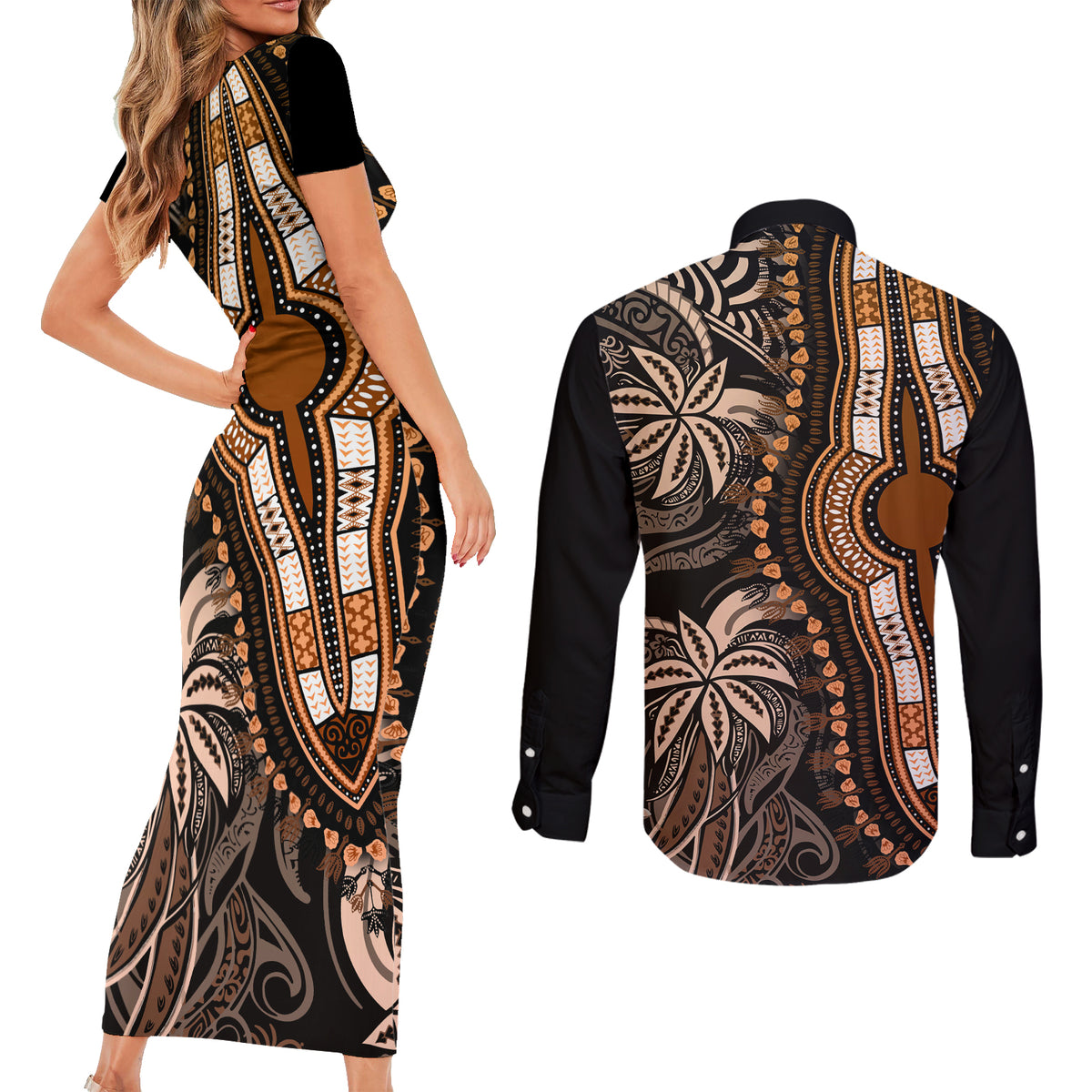 Polynesia Dashiki Couples Matching Short Sleeve Bodycon Dress and Long Sleeve Button Shirts Polynesia and Africa Traditional Special Together Gold LT9 - Polynesian Pride