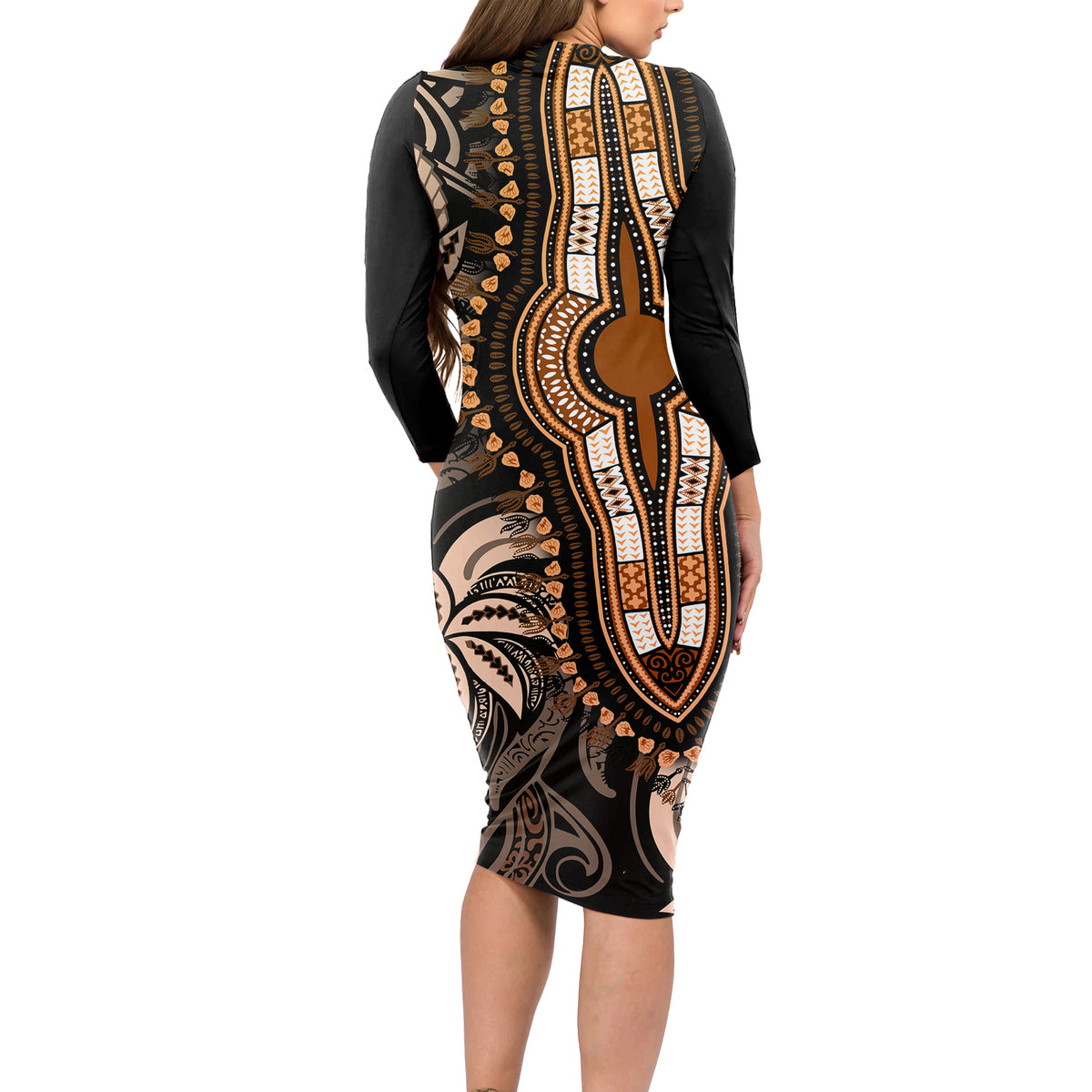 Polynesia Dashiki Long Sleeve Bodycon Dress Polynesia and Africa Traditional Special Together Gold LT9 - Polynesian Pride