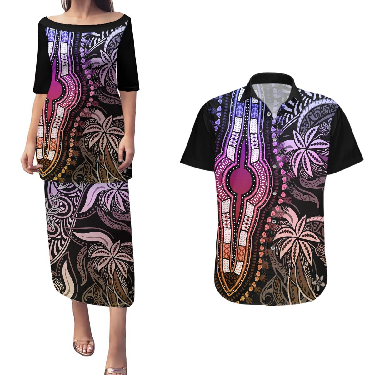 Polynesia Dashiki Couples Matching Puletasi Dress and Hawaiian Shirt Polynesia and Africa Traditional Special Together Pastel LT9 Pastel - Polynesian Pride