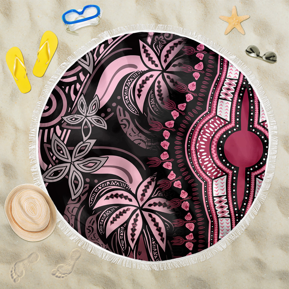 Polynesia Dashiki Beach Blanket Polynesia and Africa Traditional Special Together Pink LT9 One Size 150cm Pink - Wonder Print Shop