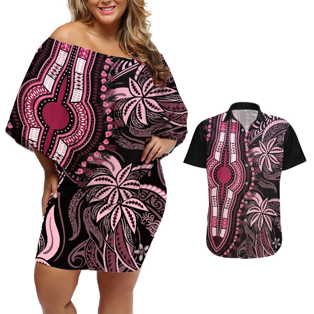 Polynesia Dashiki Couples Matching Off Shoulder Short Dress and Hawaiian Shirt Polynesia and Africa Traditional Special Together Pink LT9 Pink - Polynesian Pride