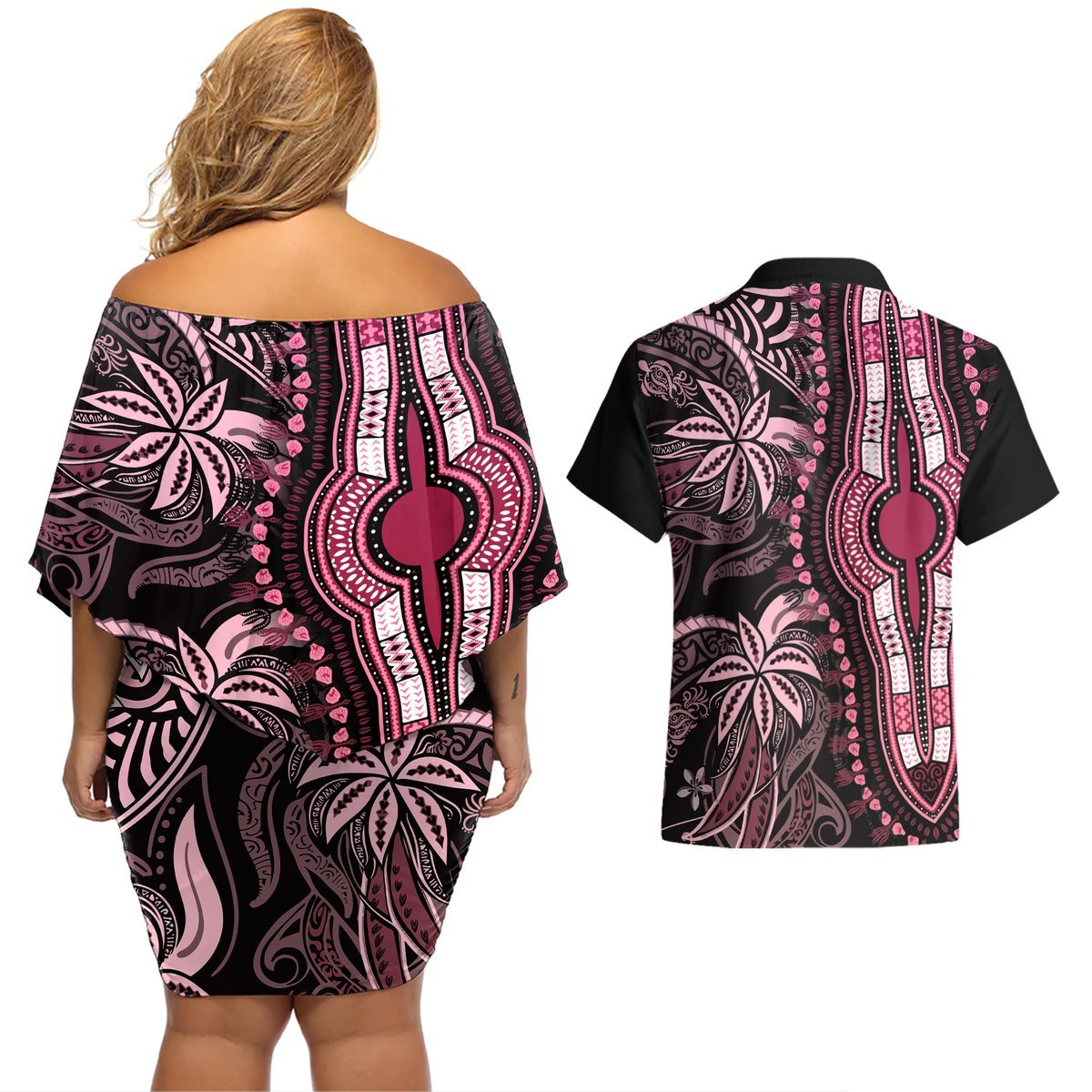 Polynesia Dashiki Couples Matching Off Shoulder Short Dress and Hawaiian Shirt Polynesia and Africa Traditional Special Together Pink LT9 - Polynesian Pride