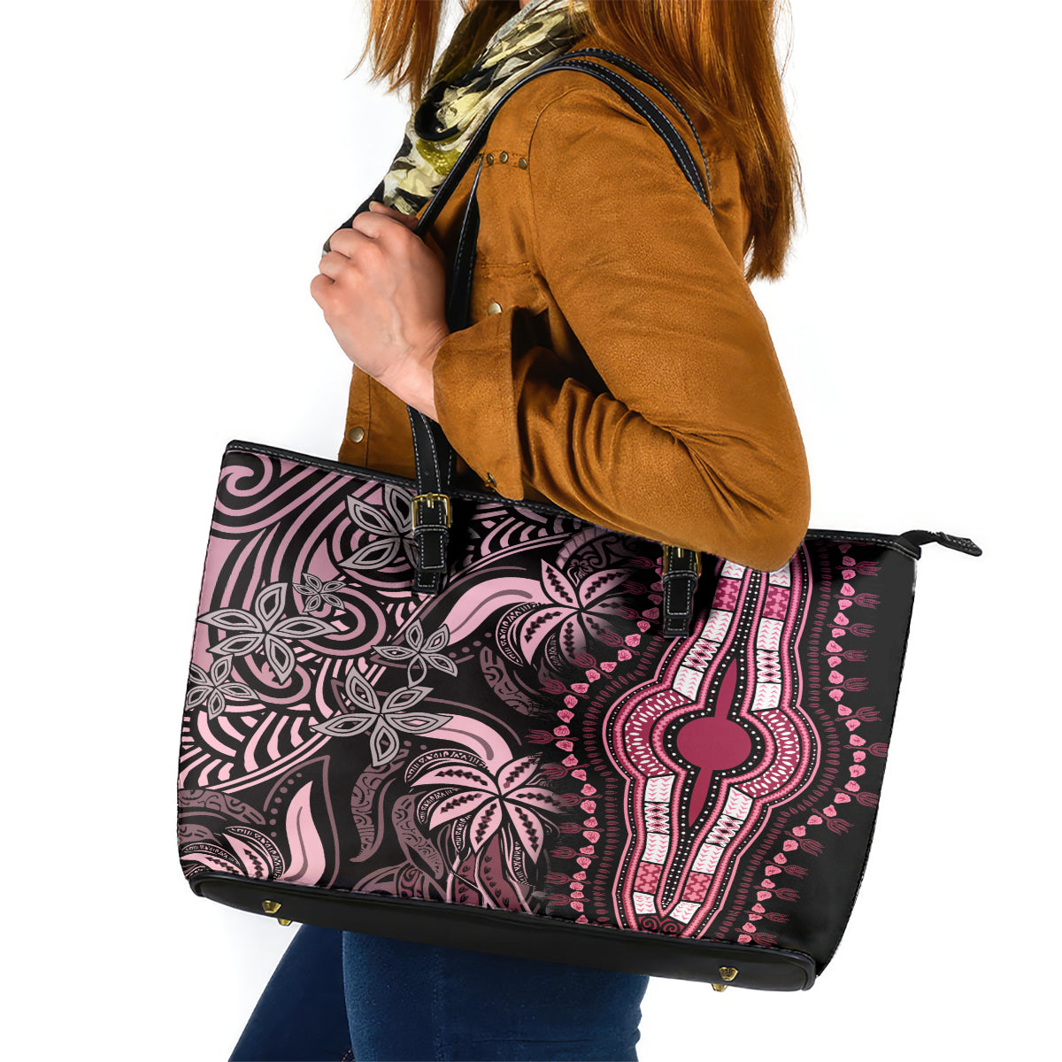 Polynesia Dashiki Leather Tote Bag Polynesia and Africa Traditional Special Together Pink LT9 Pink - Polynesian Pride