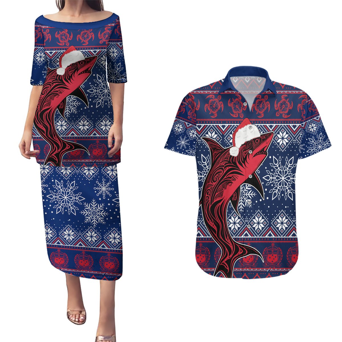 samoa-manuia-le-kirisimasi-couples-matching-puletasi-dress-and-hawaiian-shirt-samoan-fishing-tribal-pattern-christmas-vibe