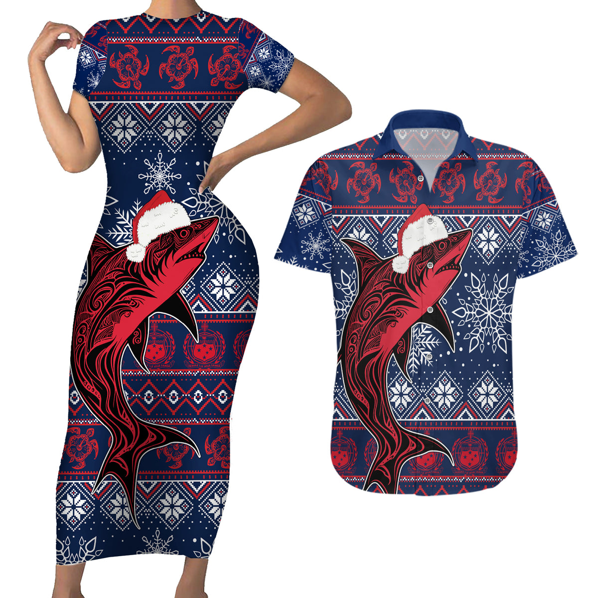 Samoa Manuia Le Kirisimasi Couples Matching Short Sleeve Bodycon Dress and Hawaiian Shirt Samoan Fishing Tribal Pattern Christmas Vibe LT9 Red - Polynesian Pride