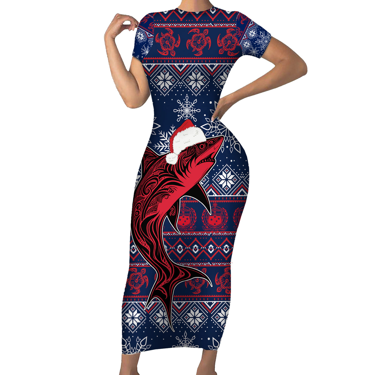 samoa-manuia-le-kirisimasi-short-sleeve-bodycon-dress-samoan-fishing-tribal-pattern-christmas-vibe