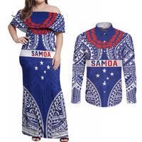 Personalised Toa Samoa Rugby Spirit Couples Matching Off Shoulder Maxi Dress and Long Sleeve Button Shirt Blue Samoan Tribal Pattern - Polynesian Pride