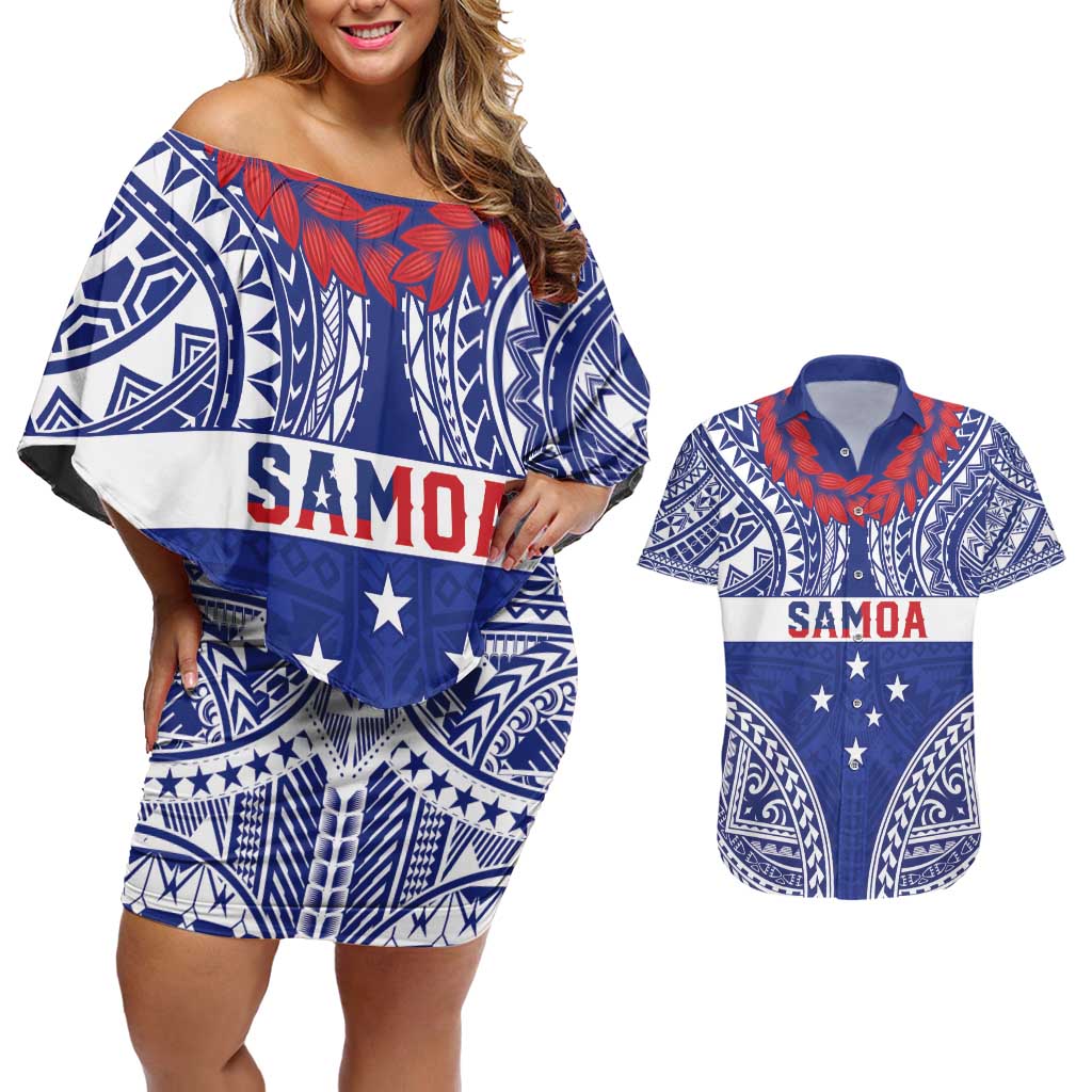 Personalised Toa Samoa Rugby Spirit Couples Matching Off Shoulder Short Dress and Hawaiian Shirt Blue Samoan Tribal Pattern - Polynesian Pride