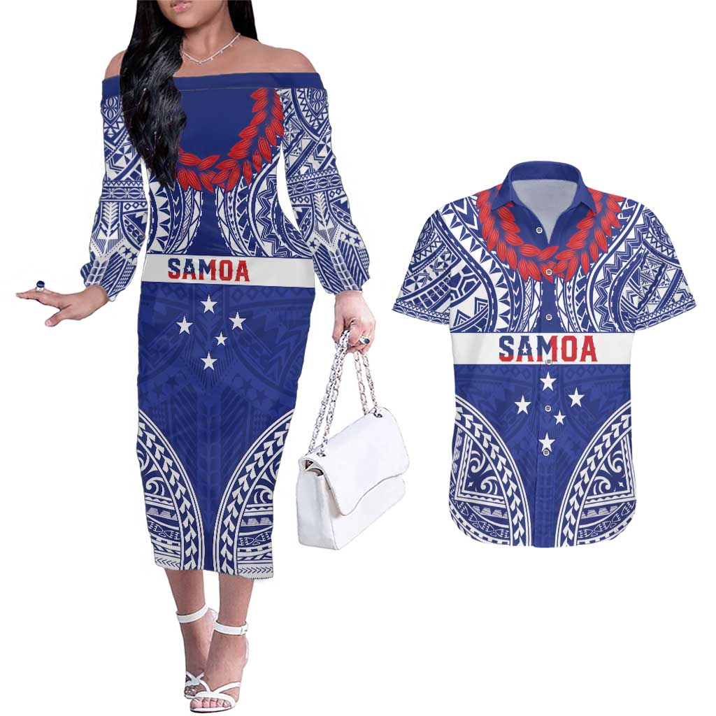 Personalised Toa Samoa Rugby Spirit Couples Matching Off The Shoulder Long Sleeve Dress and Hawaiian Shirt Blue Samoan Tribal Pattern - Polynesian Pride