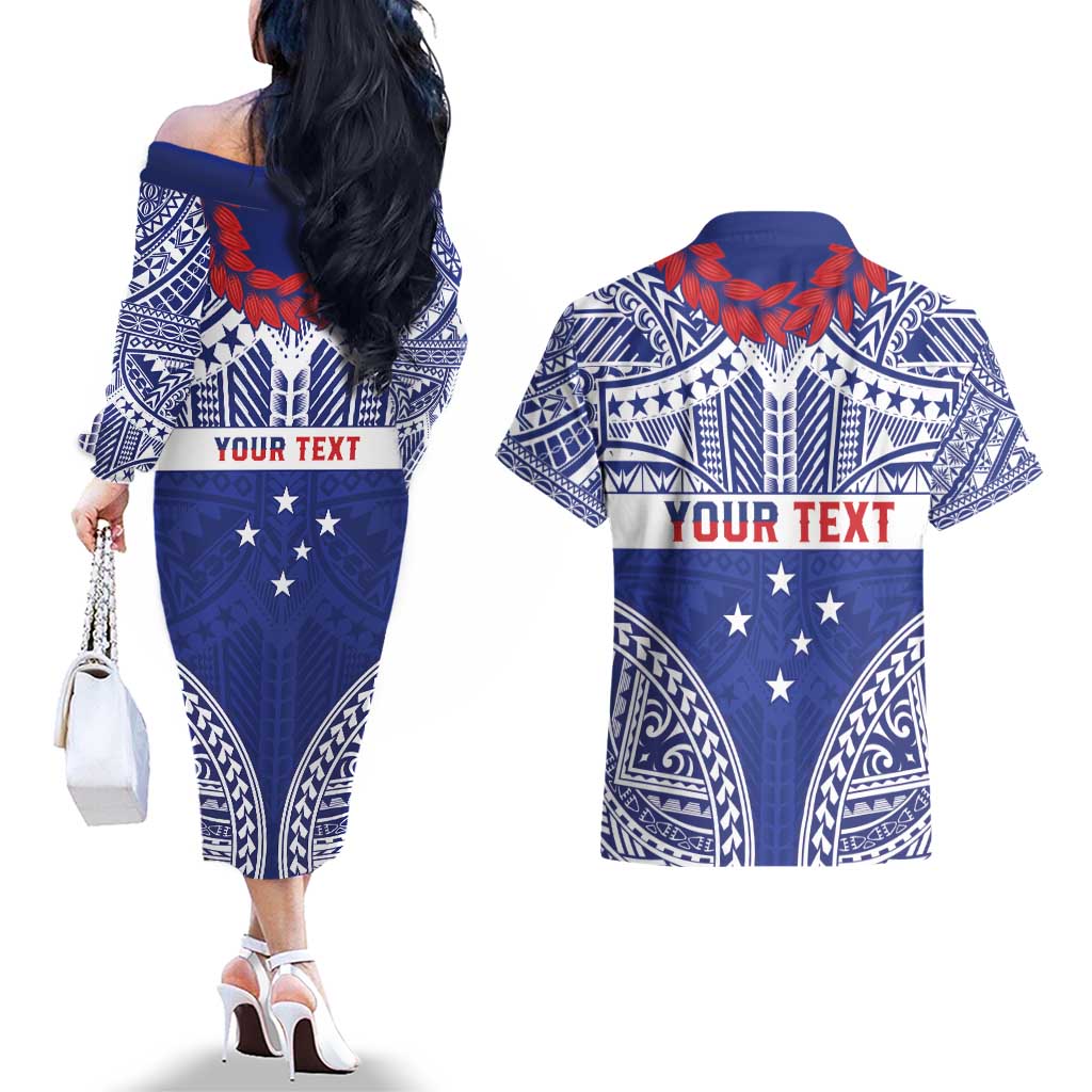 Personalised Toa Samoa Rugby Spirit Couples Matching Off The Shoulder Long Sleeve Dress and Hawaiian Shirt Blue Samoan Tribal Pattern - Polynesian Pride